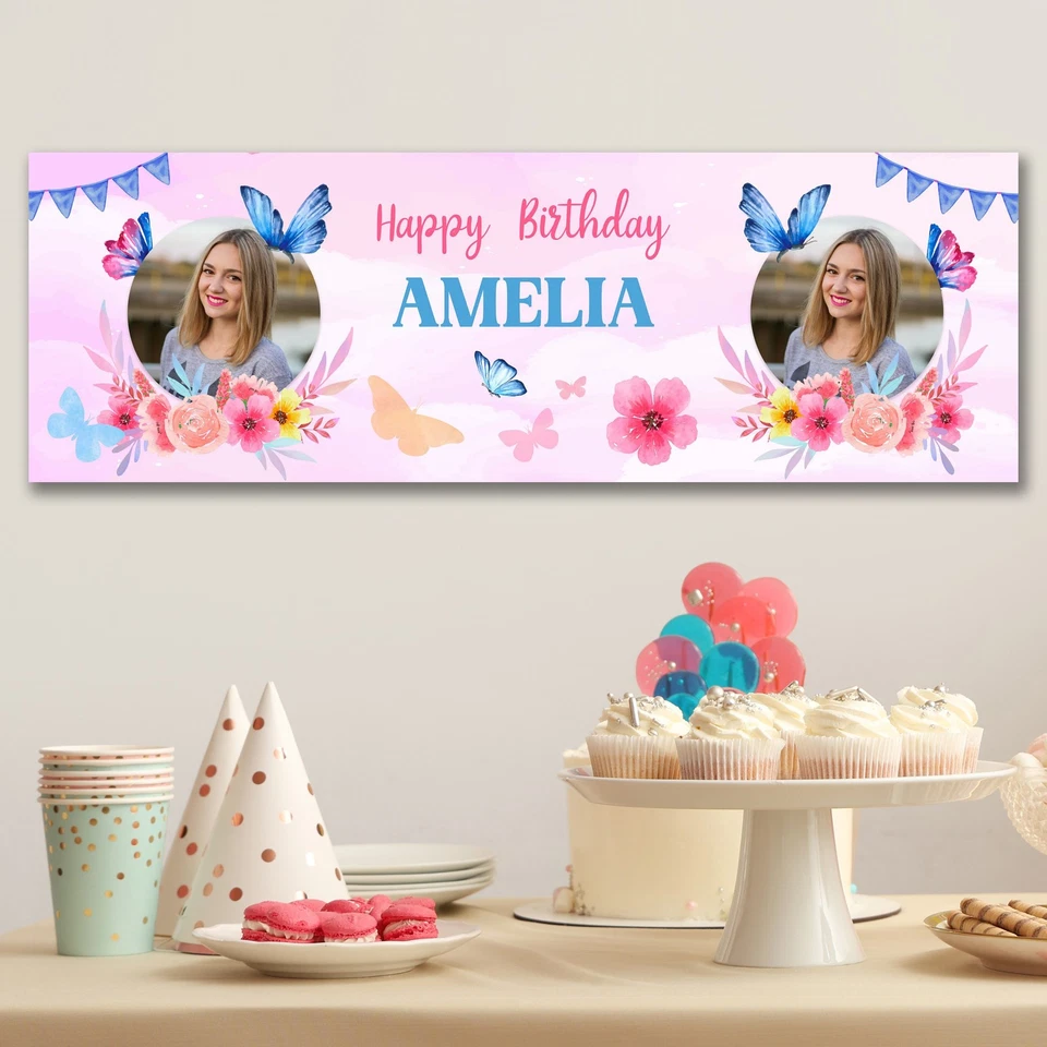 Personalised Party Banner For Birthday Photo Female Butterfly Purple Flowers - Image 3 of 4