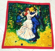 Vintage Scarf Renoir Art Repro Painting "Dance At Bougival" 100 Crepe silk 90cm