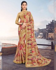 Indian Bollywood Fawn Printed Patterned Georgette Saree With Border