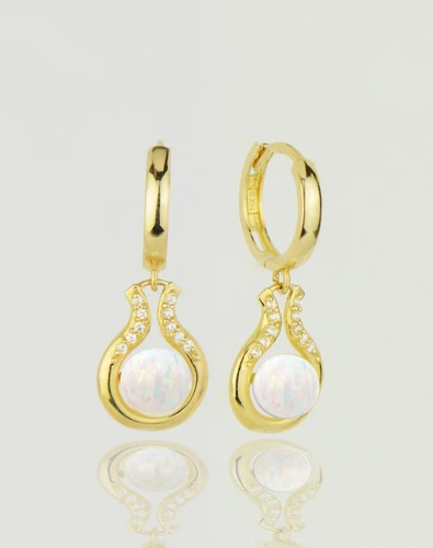 14K Yellow / White Gold Opal Huggie Hoop Dangle Earrings - Picture 1 of 1