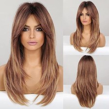 Long Straight Wigs for Women Ombre Brown Blonde Hair Wig with Bangs Highlights