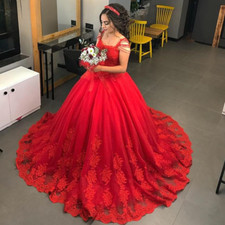 Red Applique Lace Ball Wedding Dresses Sleeveless Beading A-line Bridal Gowns