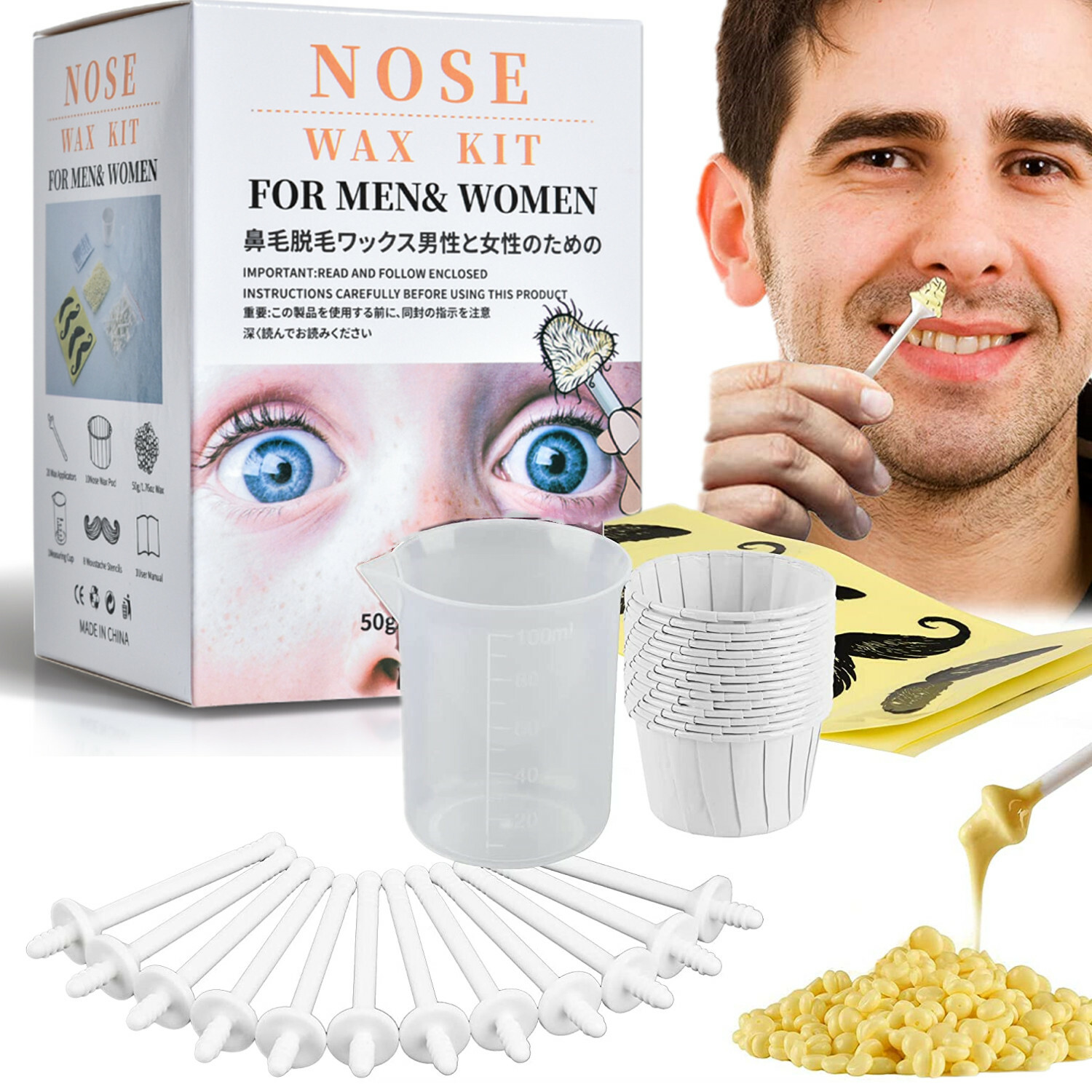 Nose Ear Hair Removal Wax Kit Painless & Easy Mens Nasal Waxing Strip ...