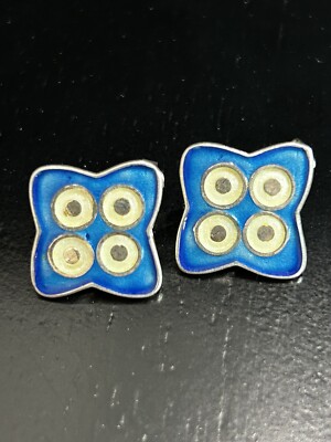   Antique Earrings Art Nouveau Sterling Silver Enamel Signed Blue Designer 