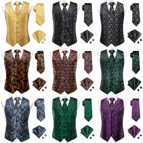Mens Casual Wedding Waistcoat Paisley Floral Suit Vest Slim Tuxedo Silk Tie Set