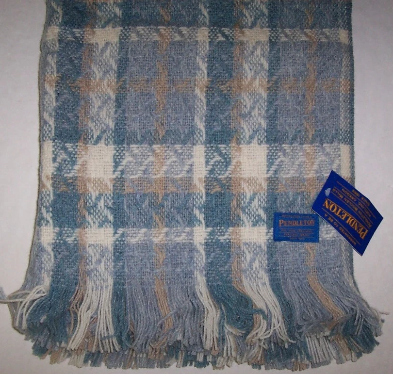 NWT Pendleton AQUA/TAN/IVORY PLAID Basketweave 100% WOOL Throw Blanket 68x52 USA - Image 4 of 4