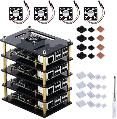 Cluster Case with Cooling Fan and Heatsinks for Raspberry Pi 4B/3B+/3B/2