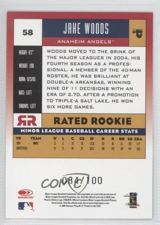 2005 Donruss Rated Rookie Blue Press Proof /100 Jake Woods #58 - Image 2 of 2