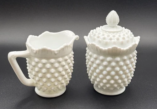 🤍 Vintage FENTON Hobnail Milk Glass Creamer & Sugar Bowl w/ Lid Set