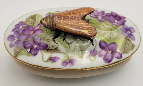 Very Rare Limoges JP France Vintage Trinket Box W/ Raised Cicada Finial Lid
