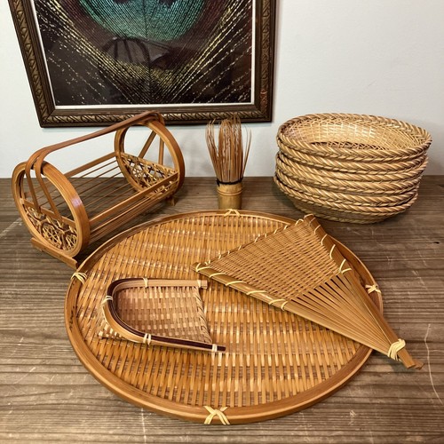 VTG Japanese Woven Bamboo Kitchen Items Lot Tea Wisk Ceremony - Tray - 6 Baskets - Afbeelding 1 van 14
