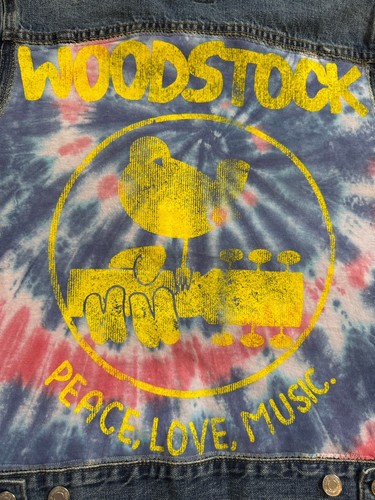 WOODSTOCK Denim Jacket Peace Love Music 60s Tie Dye Upcycled Vintage Retro Sz M - Picture 9 of 12