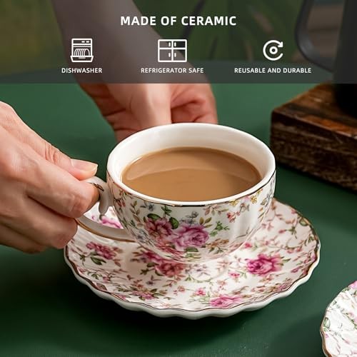 Tea Cup and Saucers, 6.4oz Floral Tea Cups with Gold Trim, Porcelain Bone White