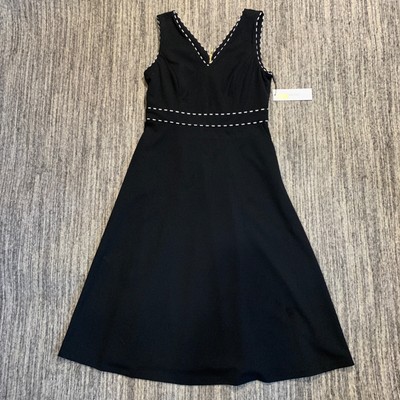 New Calvin Klein Black Midi Dress Sleeveless A-Line V-Neck Stitch Detail Size 8