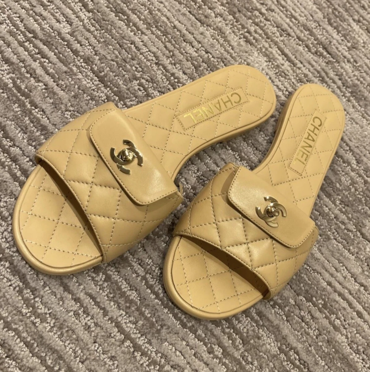 Chanel REV Black Turnlock Quilted Gold CC Logo Mules Slide Sandal Flop Flat  38