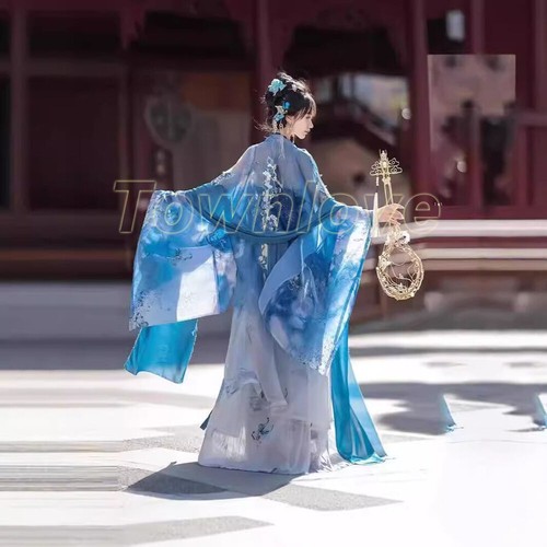 Women Retro Embroidery Chinese Fairy Blue Costumes Dress Hanfu Dress Set 3Pc Set - Picture 5 of 25