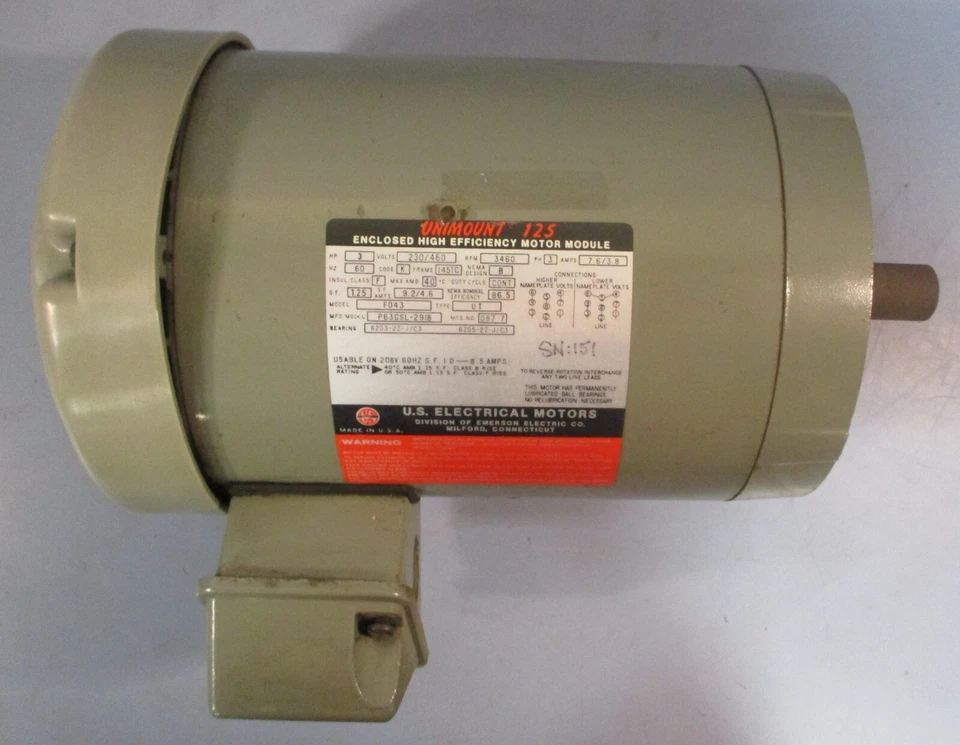 US Motors P63CSL-2918 Unimount 125 High Efficiency Motor F043 3HP 7/8" Shaft - Image 3 of 4