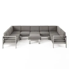 Laura Outdoor Modern 9 Seater Aluminum U-Shaped Sofa Sectional Set with Ottoman,