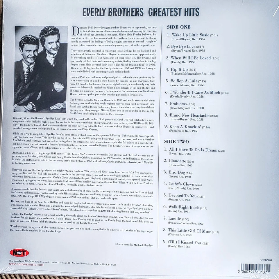 EVERLY BROTHERS - GREATEST HITS - 180 GRAM VINYL LP : NEW, SEALED " IMPORT - Image 2 of 2