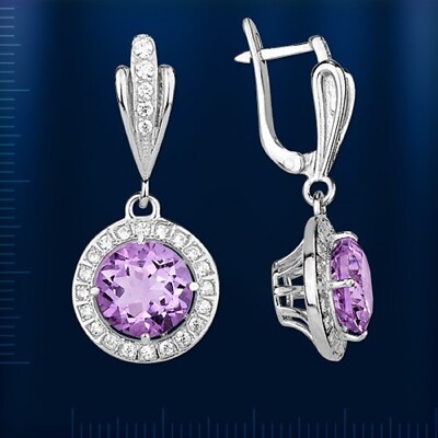  Round Amethyst CZ Drop Earrings Sterling Silver 925 New 