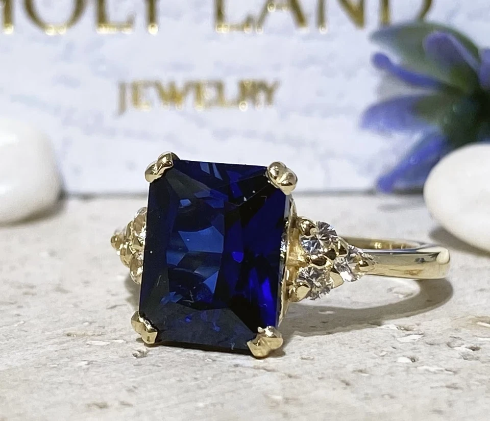 6.30 Ct Emerald Cut Natural Sapphire Diamond Wedding Ring 14K Solid White Gold - Image 3 of 4