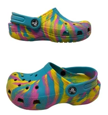 CROCS-Kids Girls Classic Marbled Tie Dye Clog Pink/Blue Youth kid Sz J-1 (5 Yrs)
