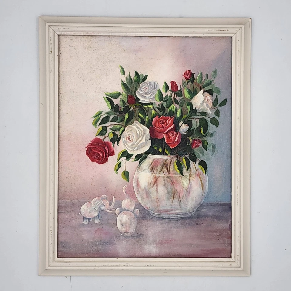 Pintura al óleo original de mediados de siglo bodegón floral rosas rojas arte enmarcado firmado Foto 3 de 4