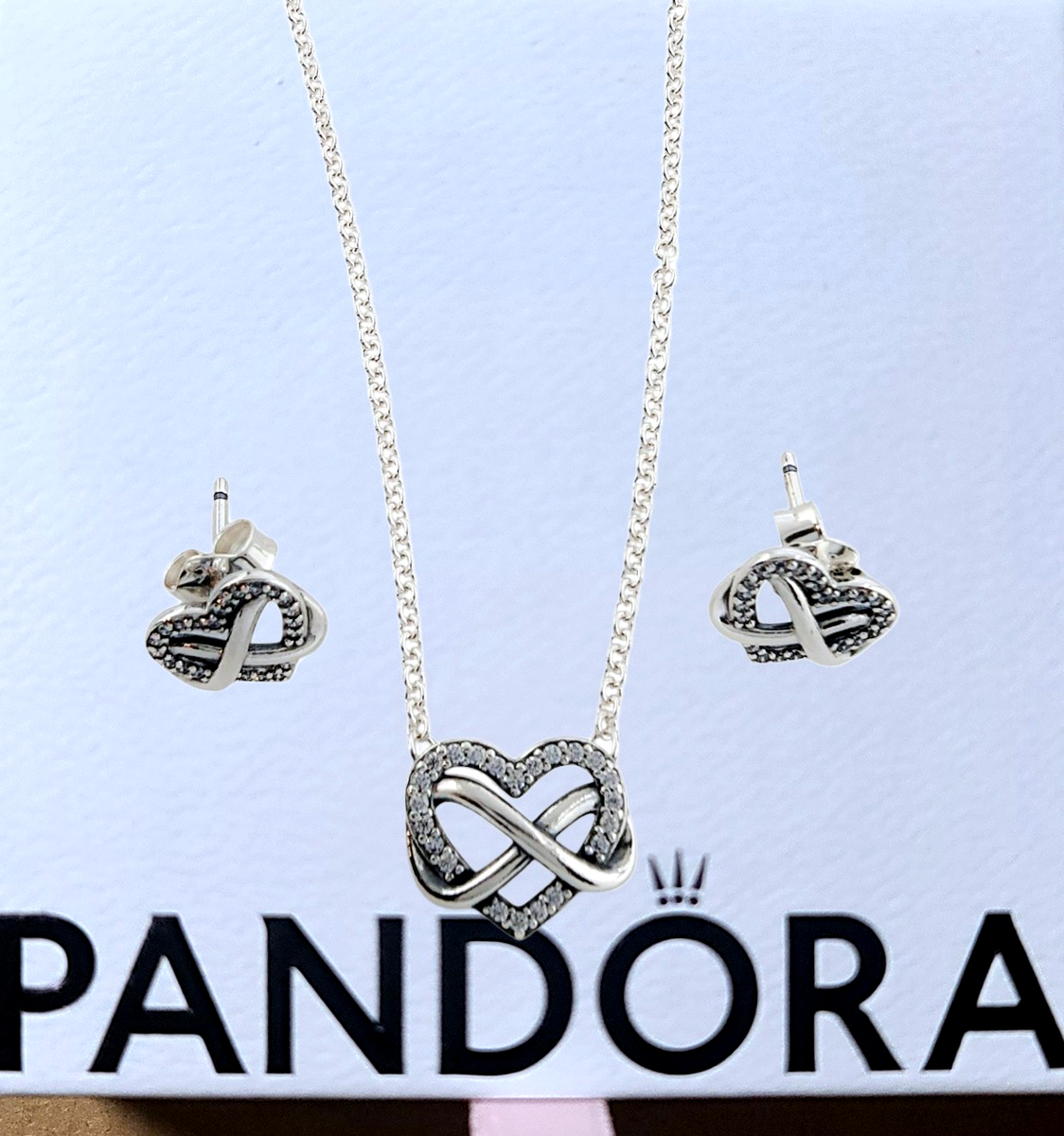 NEW PANDORA Sparkling Infinity Heart Stud + Necklace Jewelry Gift