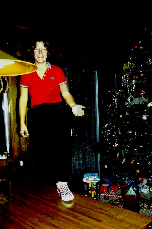 Woman Showing Off Black & Red Checkerboard Vans Sneakers: 1980's 35mm Slide