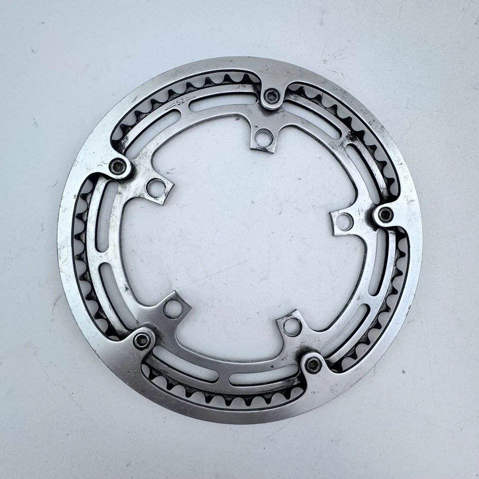 Plato de bicicleta vintage 52T 5 pernos aleación plata protección integrada bicicleta A78 Foto 2 de 4