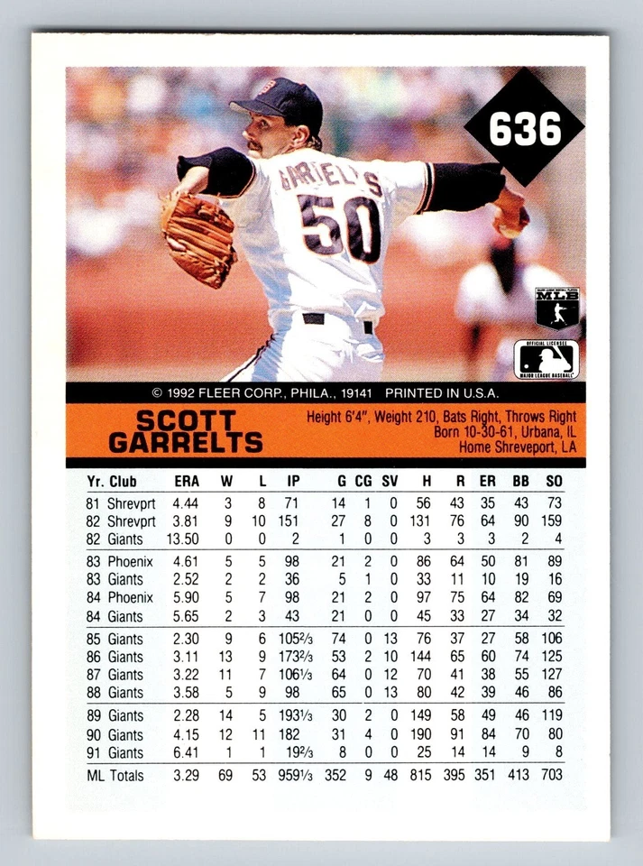 1992 Fleer - Scott Garrelts #636 - Image 2 of 2