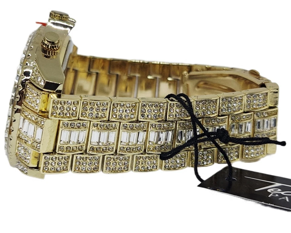 Techno Pave Gold Tone 42mm 3 Dial Face Band Studded Faux Diamond Mens  Watch - Image 4 of 4