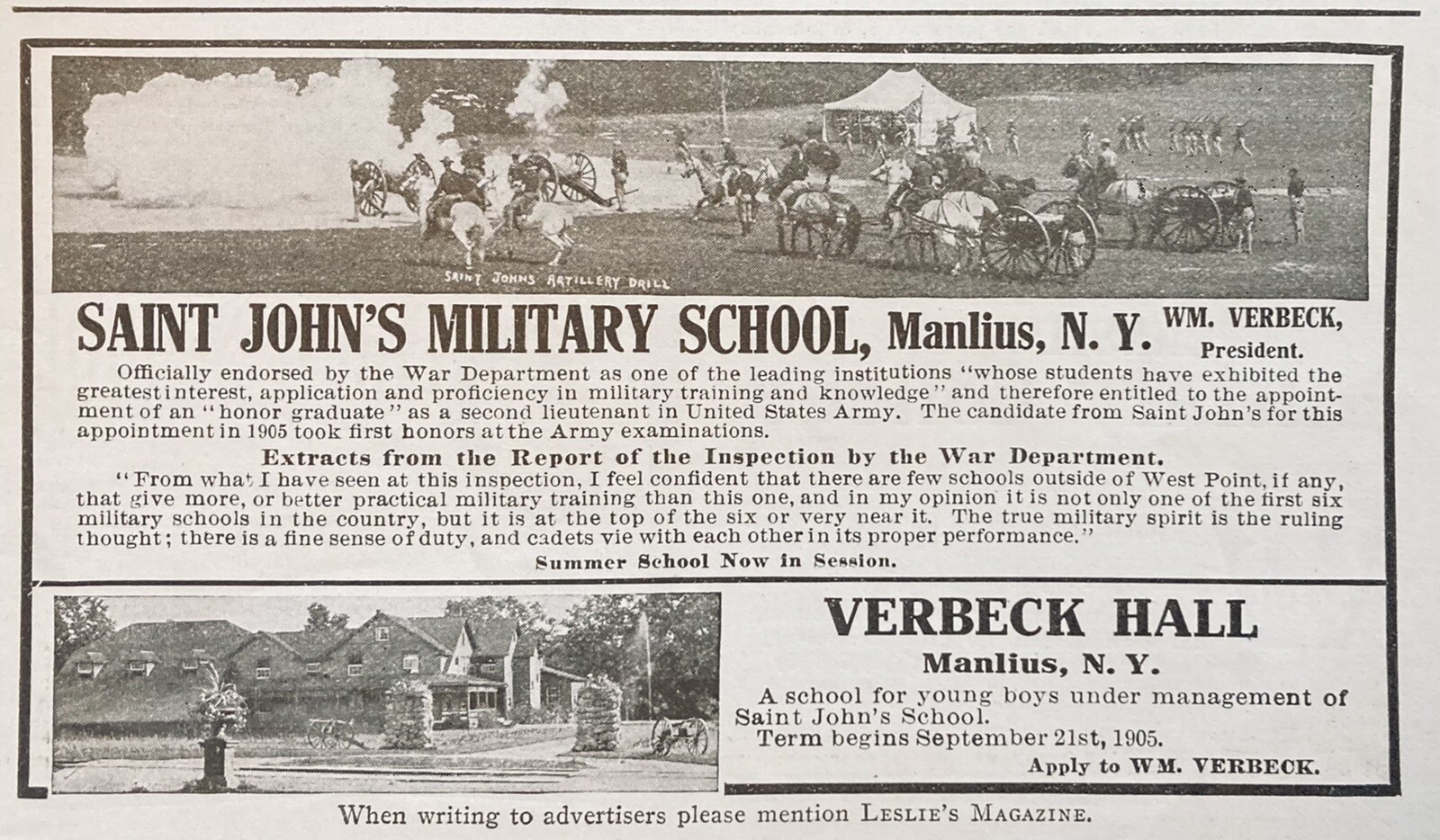 1905 AD(M2)ST. JOHN’S MILITARY SCHOOL, MANLIUS, NY. ENDORSED BY WAR