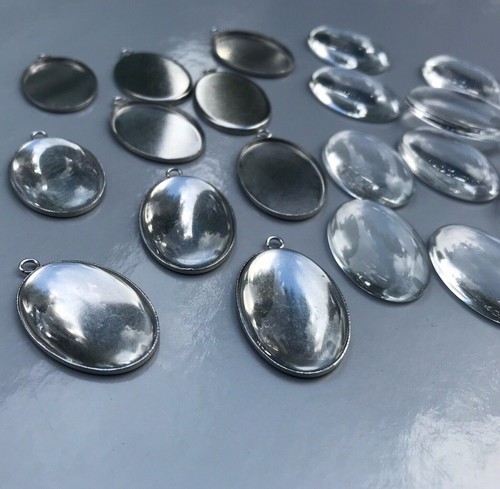 Cabochon Tray Glass Dome Set OVAL Smooth Stainless Steel Pendant DIY Kit 14-30mm - Picture 2 of 39