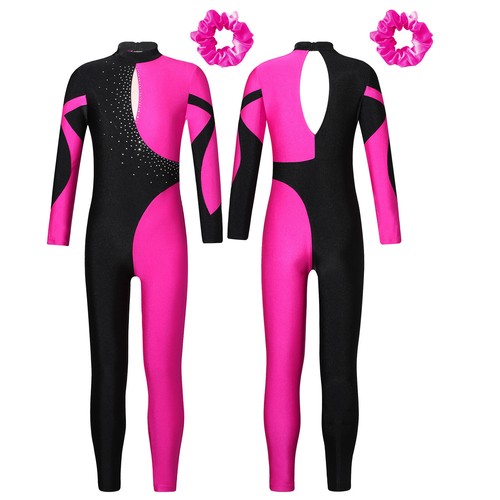 Kids Girls Catsuit Unitard Jumpsuit Sparkly Leotard With Hair Band Activewear - Picture 76 of 109