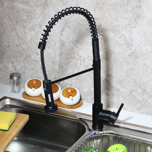 Black Kitchen Sink Pull Down Spray Mixer Swivel Spout Faucet Single Handle Tap - Picture 3 of 10