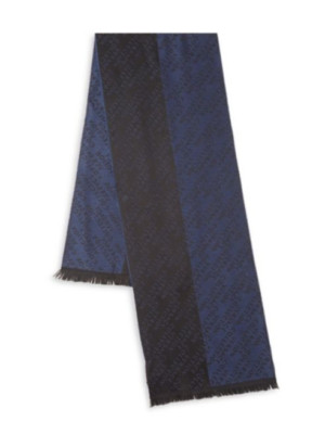 Versace Collection Wool / Acrylic Frayed Print Black Blue Scarf 15''W x 72''L 
