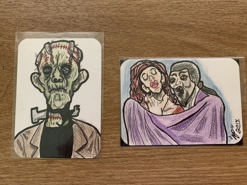 Classic Hollywood Movie Monsters ACEO Original Art Pair of 2 Drawings Signed