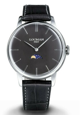 Locman Herrenuhr Quarz Mondphasenanzeige 1960 Etui Stahl 41 MM Lederband Schwarz