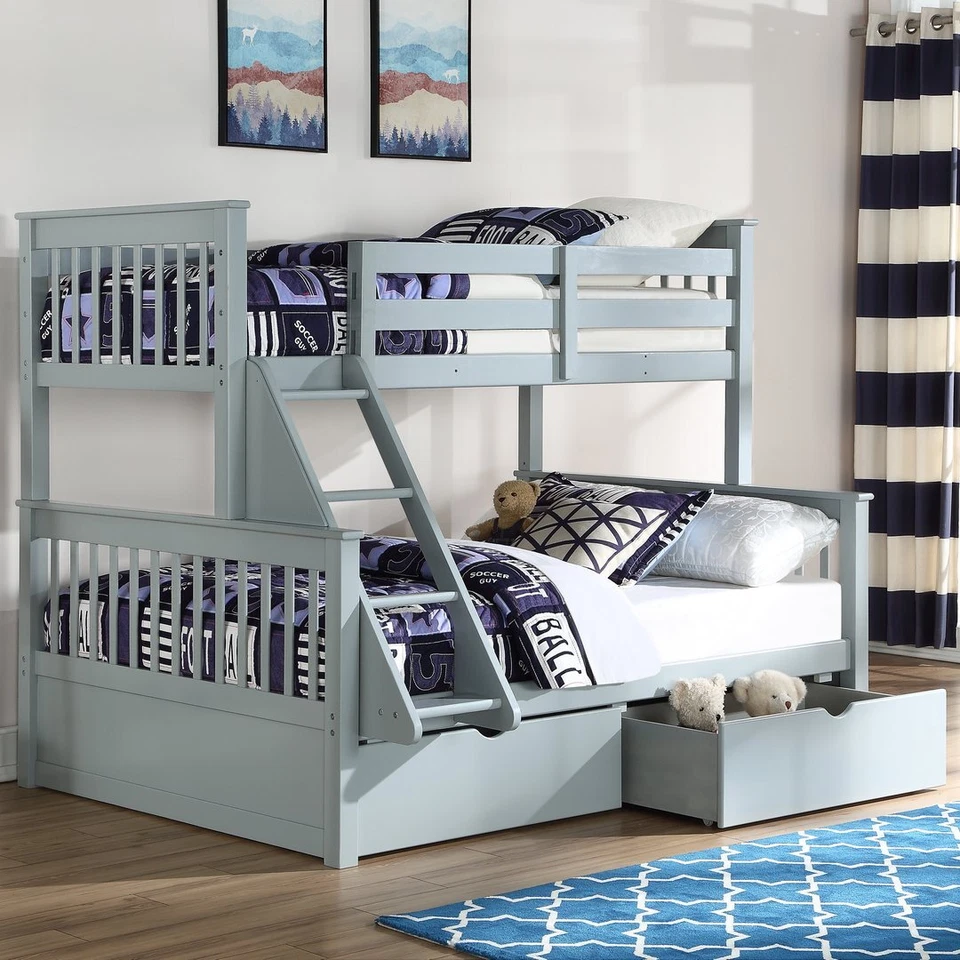 Wooden Triple Sleeper Bunk Bed And Drawers - Pine Double Bunks - Grey White Oak - Image 2 of 4