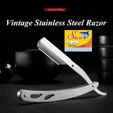 Stainless Steel Straight Edge Barber Razor+100 Beard Lineup Neck Shaving Blades