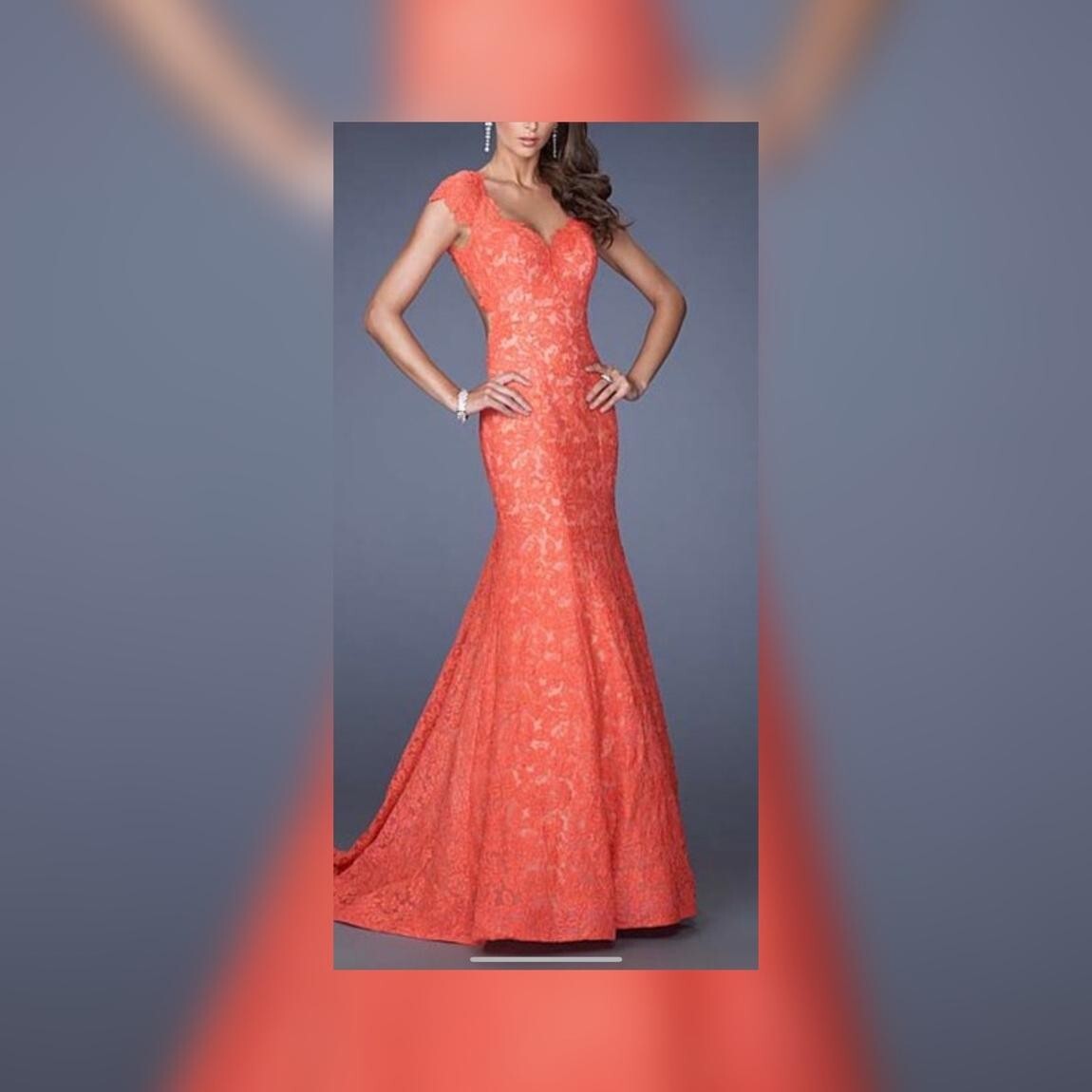 New With Tags - La Femme Hot Coral Lace Mermaid Gown Size 6 New With Tags - La Femme Hot Coral Lace Mermaid Gown Size 6
