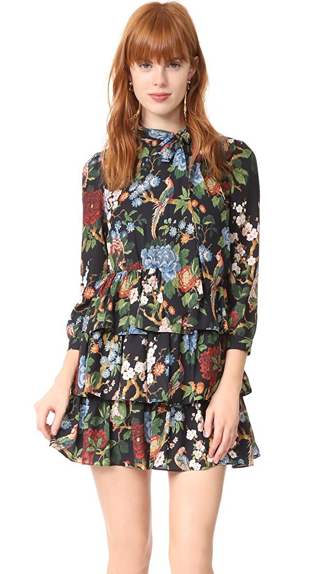 NY発★胸元リボンが可愛い【Alice+Olivia】リネン ミニ丈 ドレス Alice + Olivia Breann Chinoiserie Garden Floral Tiered Bow