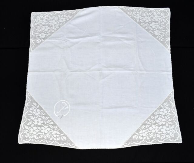 Vintage White with Floral Crochet Corners 34" Square Linen Tablecloth Vintage White with Floral Crochet Corners 34" Square Linen Tablecloth