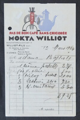 1934 Invoice No Good Coffee Without CHICOREE WILLIOT Illustrated Billhead 111