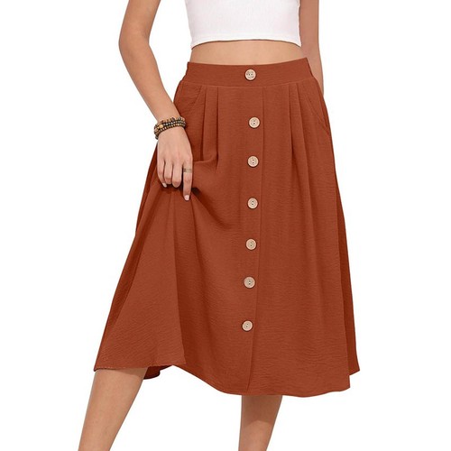 Vintage Flared A-Line Skirt for Women Elastic Waist Pocketed Midi Skirt - Picture 28 of 33