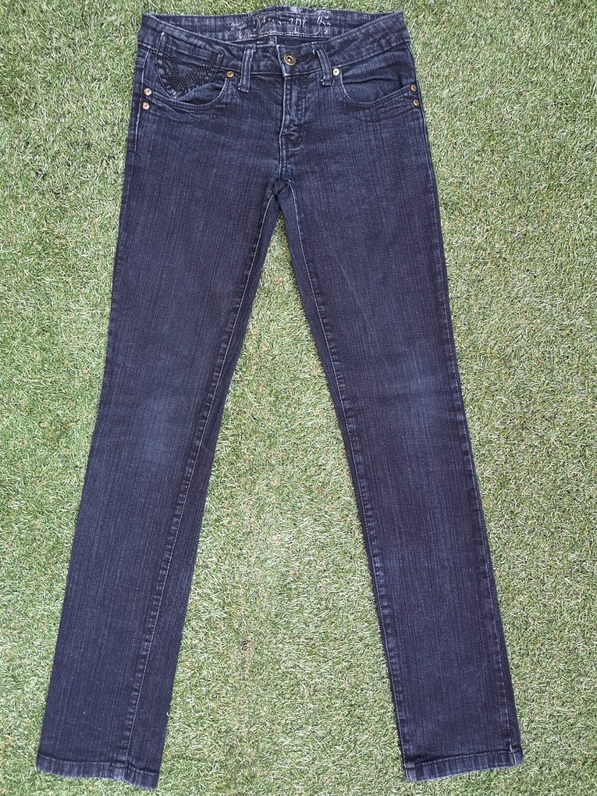 DARK BLUE DENIM SKINNY FIT STRETCH JEANS WITH BLACK EMBROIDERED DETAIL