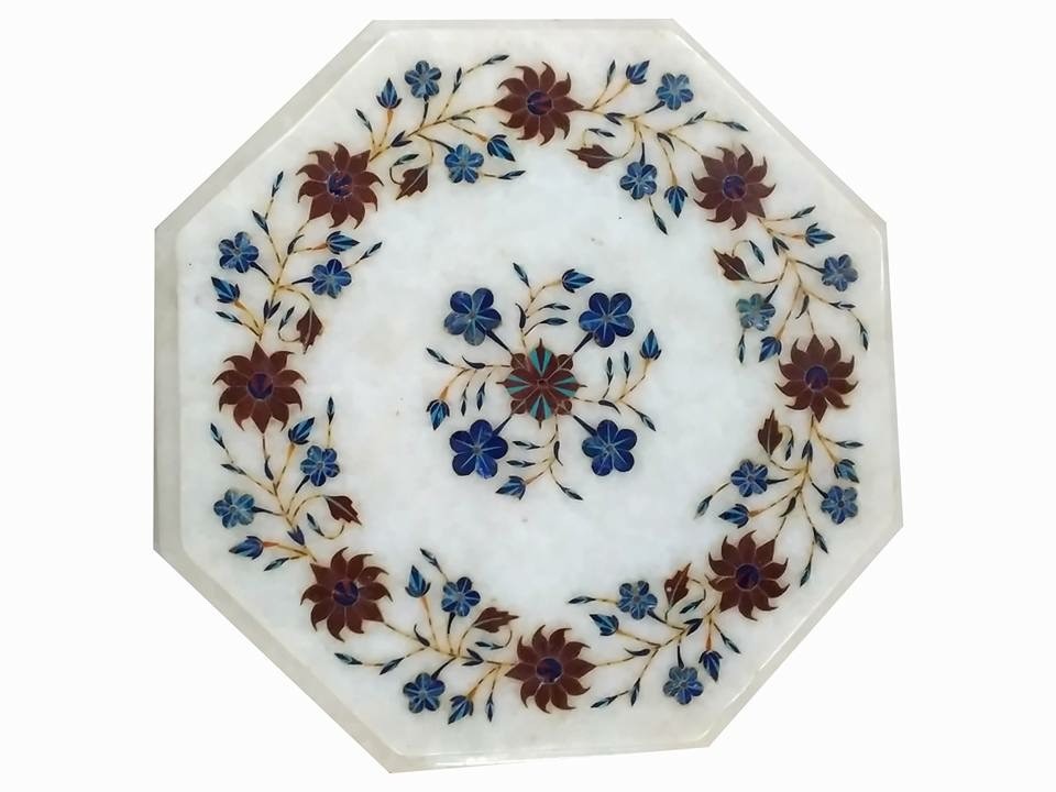 12-inch Marble Coffee Table Top with Pietra Dura Floral Stone Marquetry Art Decor Gift