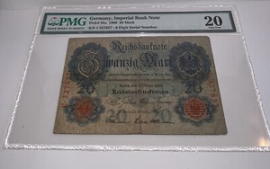 PMG Germany, Imperial Bank Note 20 Mark Banknote Rarer 1906 p25a VF20