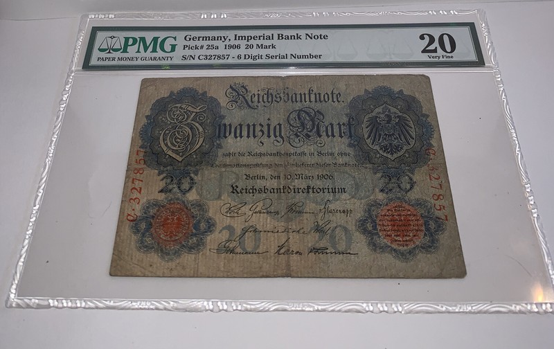 PMG Germany, Imperial Bank Note 20 Mark Banknote Rarer 1906 p25a VF20